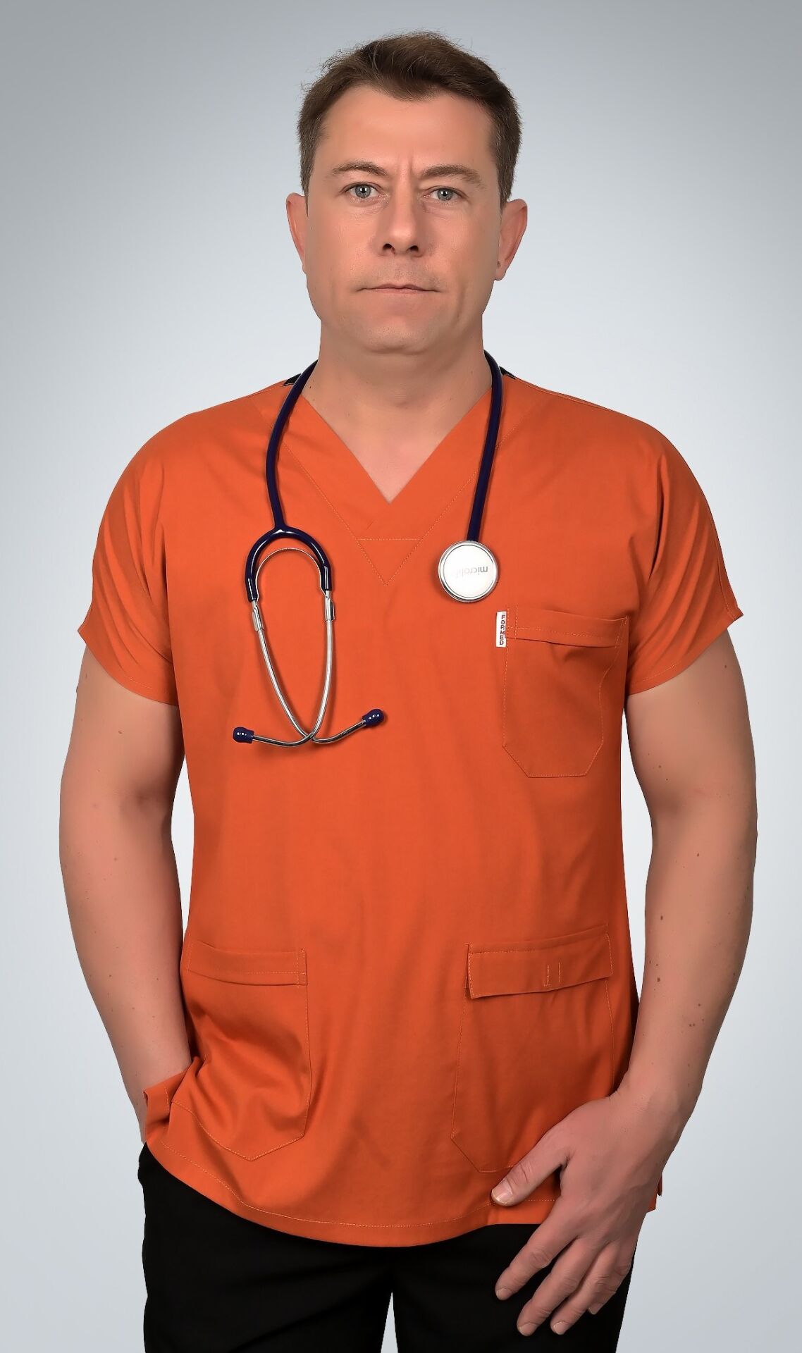Formed Likralı Kumaş Unisex Üst Kremit + Alt  Siyah Doktor Hemşire Forması