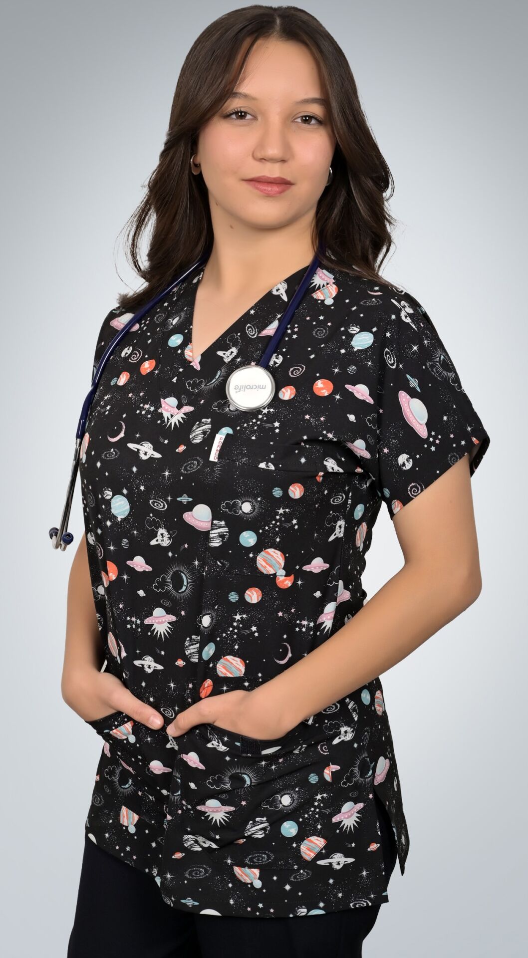 Formed Likralı Kumaş Unisex Gezegen Desenli Üst + Alt Siyah Doktor Hemşire Forması