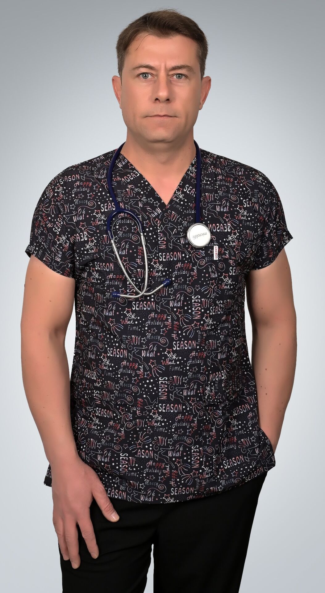 Formed Likralı Kumaş Erkek Yazı Desenli Üst + Alt  Siyah Doktor Hemşire Forması
